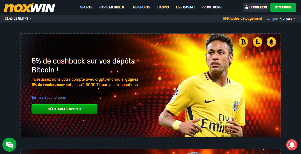 Noxwin 5% de cashback sur vos dépôts Bitcoin